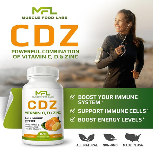 C D Z | Vitamin C, 1000mg | Vitamin D3, 125mcg | Zinc, 25mg | 120 Vegetarian Capsules, Non-GMO & Gluten Free