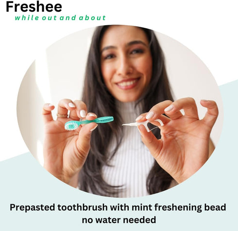 Freshee 5 in 1 Disposable Mini Toothbrush with Toothpaste, Floss, Pick, Tongue Scraper, Travel Size, Mint
