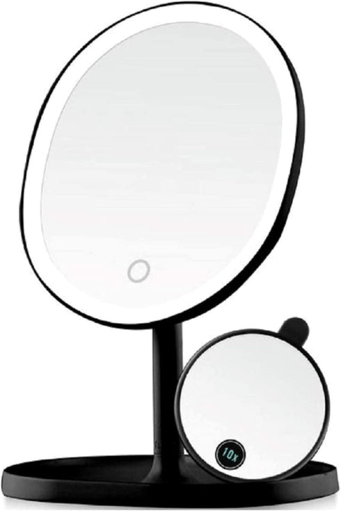 OVENTE 9" Rechargeable Lighted Tabletop Makeup Mirror, 1X Magnifying with 10X Mini Magnetic Mirror, Black