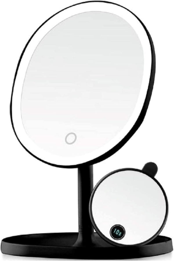 OVENTE 9" Rechargeable Lighted Tabletop Makeup Mirror, 1X Magnifying with 10X Mini Magnetic Mirror, Black