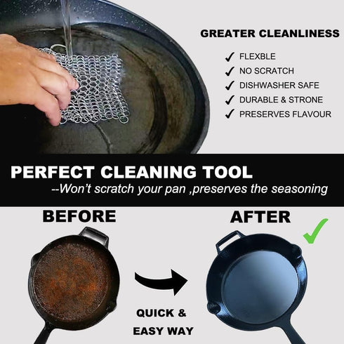 Cast Iron Scrubber 6 Inch Stainless Steel Scrubber Cast Iron Cleaner Household Chain Scrubber for Cast Iron Pans, Skillet, Wok, Pot, Dutch Ovens Chainmail Scrubber