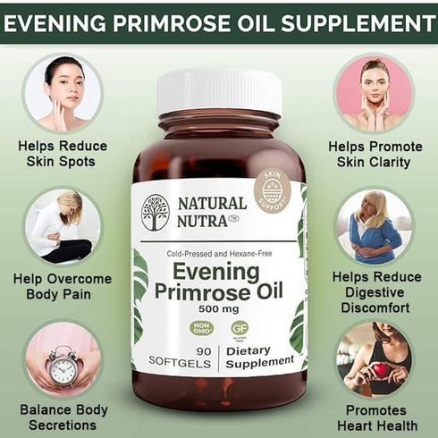 Natural Nutra Evening Primrose Oil Supplement, 500 mg, 90 Softgels, Supports Skin Clarity