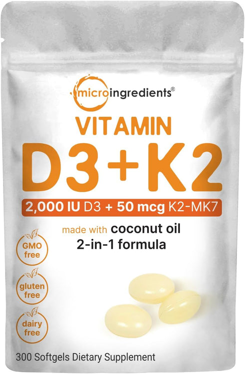 Vitamin D3 2,000 IU Plus K2 (MK-7) 50 mcg - 300 Virgin Coconut Oil Softgels for Calcium Absorption, Bone, Immune &