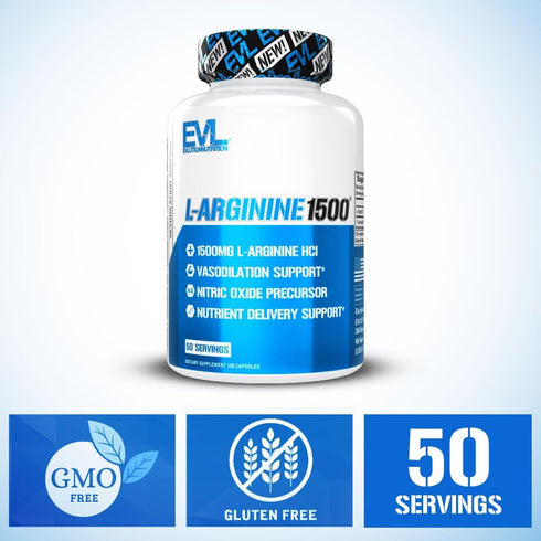Evlution Nutrition Nitric Oxide Booster L-Arginine Supplement - High Potency 1500mg for Enhanced Pumps Energy Muscle