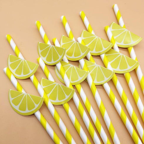 Lemon Paper Straws - Lemon Drinking Straws, DIY Decorative Yellow Striped Citrus