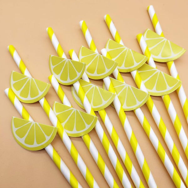 Lemon Paper Straws - Lemon Drinking Straws, DIY Decorative Yellow Striped Citrus