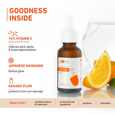 Plum 15% Vitamin C Serum for Face, Anti Aging with Pure Ethyl Ascorbic Acid, Kakadu Plum & Rose Extract, 1 Fl Oz