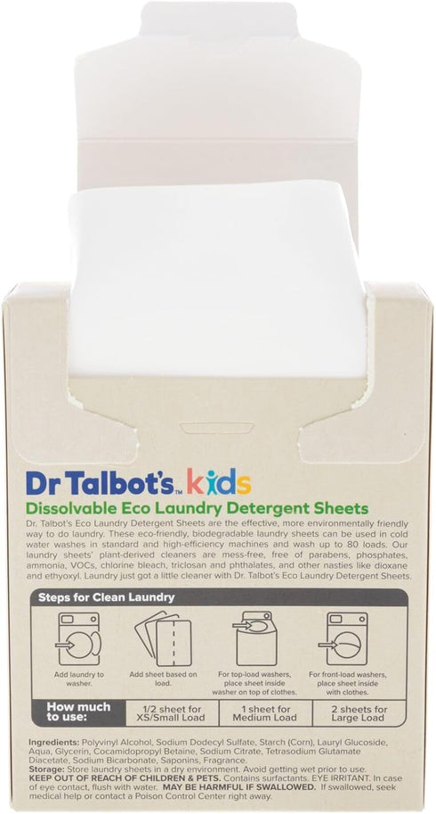 Talbot's 40 80 Dr. Kids Eco Laundry Detergent Sheets Fresh Scent, Gentle on Skin, Plant-Based, Biodegradable, No Harsh