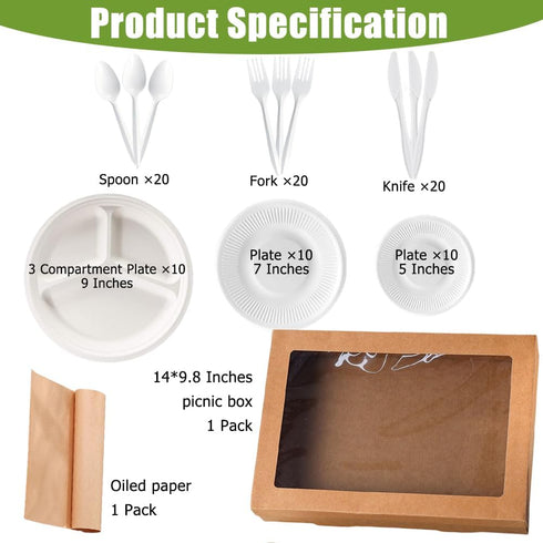 Set 91 Pcs,Set 10 3 20 20 20 Knives,1 Ouliget Disposable Dinnerware Picnic Party Supplies of Compartment Paper