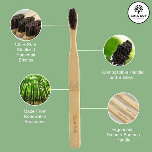 Pack 4 4 Gaia Guy Natural Bristle Bamboo Toothbrush Family (NO Nylon - Horsehair ONLY) - Totally Compostable