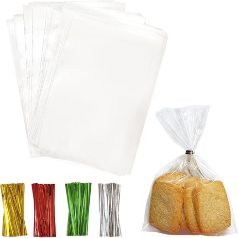 QOIUSO 100pcs Cellophane Treat Bags: 4 x 6 Inch Small Clear Goodie Candy Bags with 4 Colors Twist Ties for Gift Wrapping