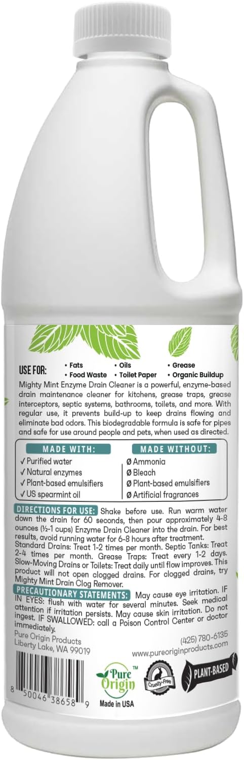 Mighty Mint Drain Maintainer 32oz – Enzymatic Cleaner for Drains, Grease Traps, Septic Systems, Natural Mint Scent