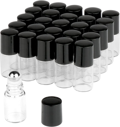 Wresty 25 Pcs Clear Glass Mini Roll On Bottles, Empty Essential Oil Roller Ball Bottles with Black Cap (2ml)