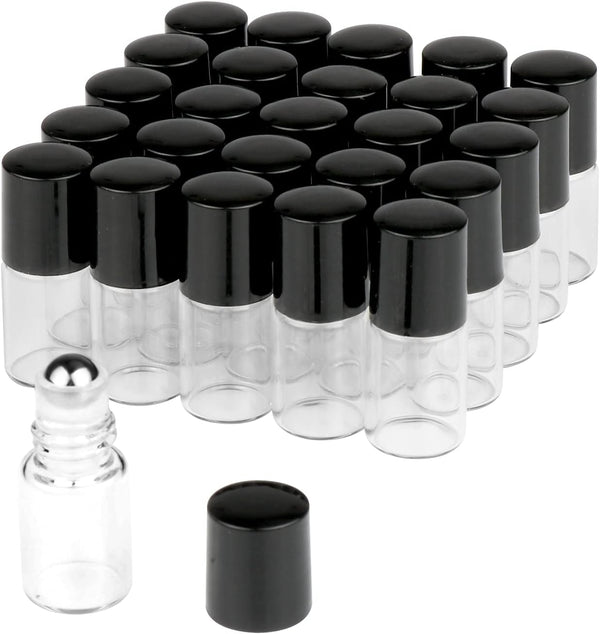 Wresty 25 Pcs Clear Glass Mini Roll On Bottles, Empty Essential Oil Roller Ball Bottles with Black Cap (2ml)