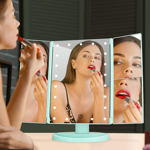Tri-fold Lighted Vanity Makeup Mirror, 21 LEDs, 3x/2x Magnification, Touch Screen, 180 Degree Free Rotation - Green
