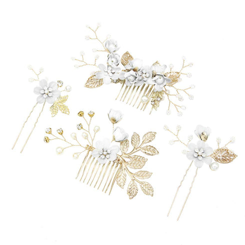 NUOBESTY 4Pcs Wedding Hair Clip Comb, Handmade Bridal Hair Clip, Pearl Floral Leaf Accessories for Women Wedding (White)