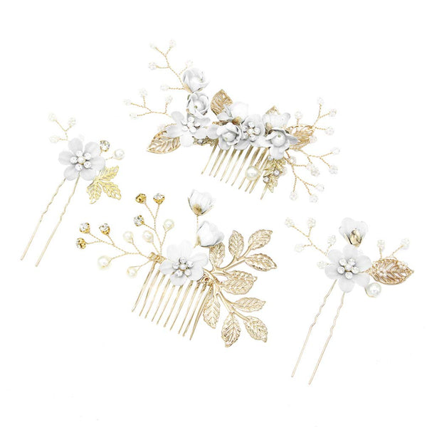 NUOBESTY 4Pcs Wedding Hair Clip Comb, Handmade Bridal Hair Clip, Pearl Floral Leaf Accessories for Women Wedding (White)