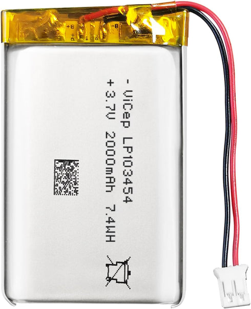 ViCep 3.7V Lithium Polymer Battery 2000mAh 103454 Rechargeable with Wires and JST-PHR-02 2-Pin