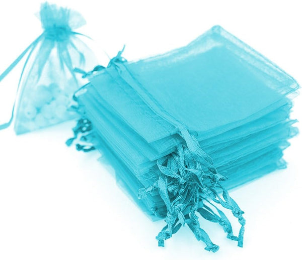 Boshen 100/200PCS Teal Blue Organza Gift Candy Sheer Bags, Mesh Jewelry Pouches Drawstring for Wedding Party Favors