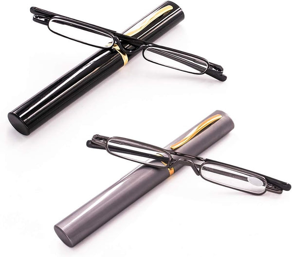 Viseng 2 Pack Slim Mini Metal Reading Glasses, Compact Lightweight Portable Readers with Glasses Case +2.5