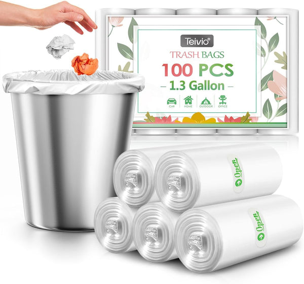 Teivio 1.3 Gallon Strong Trash Bags, 100 Counts, Fit 1.2-1.3 Gal Small Waste Basket Liners, Clear Plastic Bags