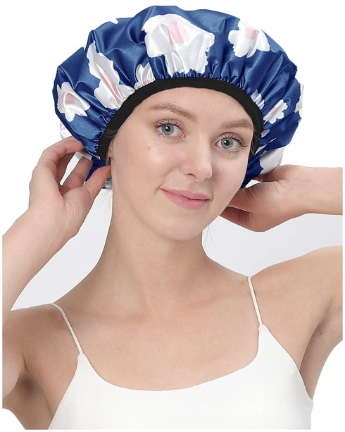 YIZIJIZI Terry Lined Shower Cap, Triple Layer Large Reusable Waterproof Cap for Long Thick Hair, Blue