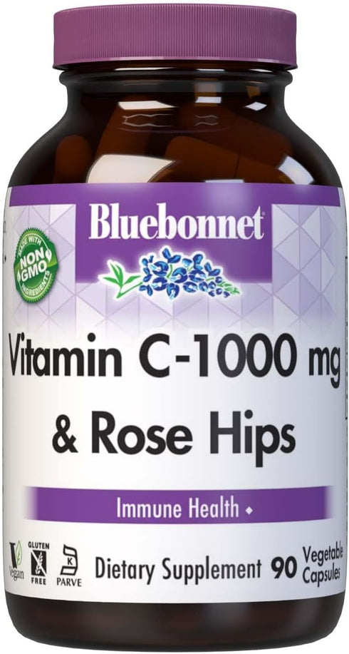 Bluebonnet Nutrition Vitamin C-1000 mg Plus Rose Hips Vegetable Capsules for Immune Health, 90 Count