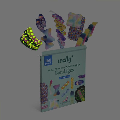 Pack 160 Count Welly Bandage Large Refill | Adhesive Flexible Fabric, Glow-in-the-Dark & Waterproof Bandages | Assorted