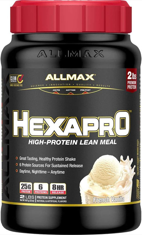ALLMAX HEXAPRO Protein Powder - French Vanilla, 2 lb, 25 Grams of Protein Per Serving, 8-Hour Sustained Release