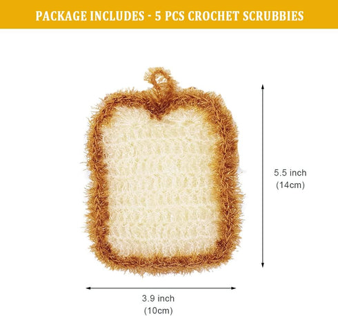 5 Pcs Cute Crochet Scrubbers, Toast Shaped No Odor Non-Scratch Reusable Scrub for Kitchen and Household Cleaning