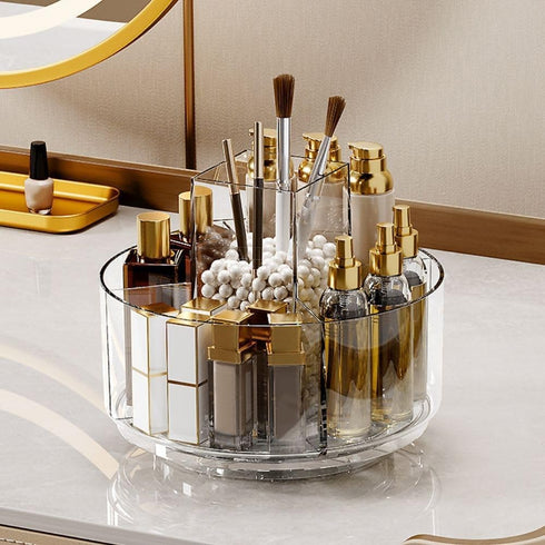 LINFIDITE 360 Rotating Makeup Organizer, Clear Cosmetic Storage Holder Tray with 6 Compartments for Bathroom, Vanity