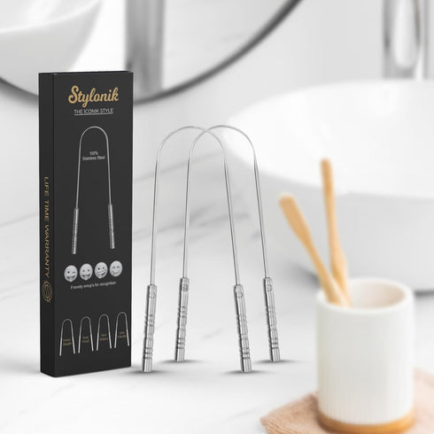 Metal Tongue Scraper for Adults, 100% Stainless Steel U-Shaped Cleaner for Fresh Breath & Oral Hygiene Essentials (Pack
