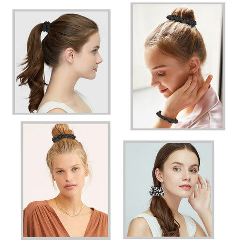 Silk Satin Hair Ties Scrunchies, Small Mini Thin Elastic Ponytail Holders, No Crease Hair Ties for Thick Curl Hair,