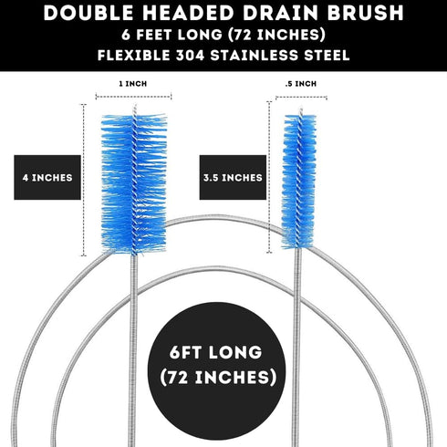 Flexible Drain Cleaner Brush (72" Long) for Clogs, Drains, Bottles, Pipes, Bathtub, Shower, Kitchen and Bathroom Sink, Heavy-Duty Double Ended Nylon with Elastic Hose and 2 Tube Brushes, BLACK by The Scoopie