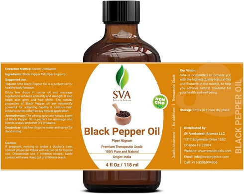 SVA Premium Black Pepper Oil - 4oz (118 ml) Essential Oil with Dropper for Diffuser, Aromatherapy & Skin Care