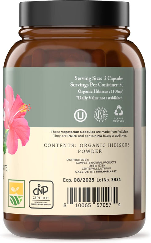 Complete Natural Products Organic Hibiscus Capsules - 100 Count, 550mg, Antioxidant & Herbal Hibiscus Flower Capsules