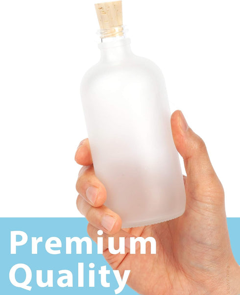 JUVITUS 8 oz / 240 ml Frosted Clear Glass Boston Round Bottle with Cork Stopper (4 Pack)