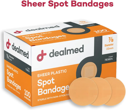 Dealmed Sheer Plastic Spot Bandages - 7/8” Small Round Sterile Strips - 100 per Box (2 Pack)