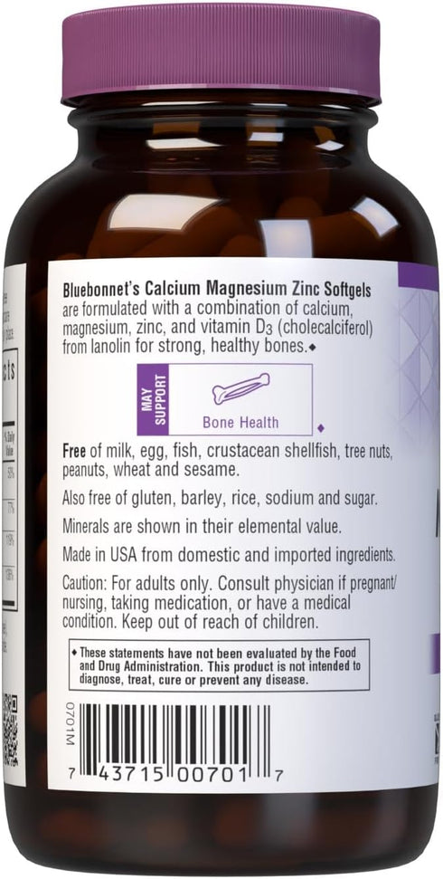 Bluebonnet Nutrition Calcium Magnesium Zinc Plus Vitamin D3, 120 Softgels, for Strong Healthy Bones