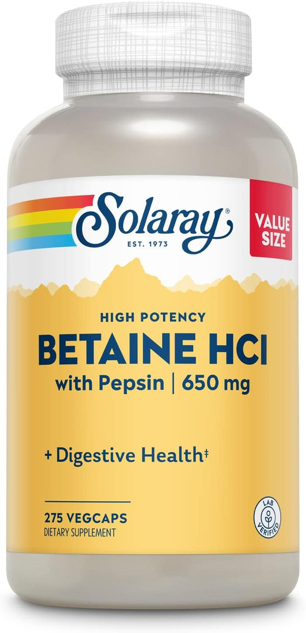 SOLARAY Betaine HCL with Pepsin - High Potency Hydrochloric Acid Formula for Healthy Digestion, 60-Day Guarantee, 275