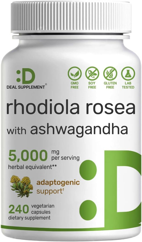 DEAL SUPPLEMENT Rhodiola Rosea with Ashwagandha, 5,000mg Per Serving, 240 Veggie Capsules, Max Strength Adaptogenic