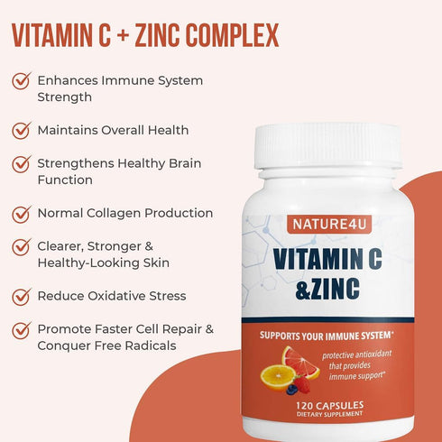 Vitamin C 1000mg with Zinc | Rose Hips and Citrus Bioflavonoids | Immune Support Supplement, Antioxidants Protection,