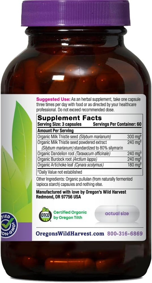 Oregon's Wild Harvest Milk Thistle Organic Herbal Supplement - Non-GMO Vegan Capsules, 180 Count