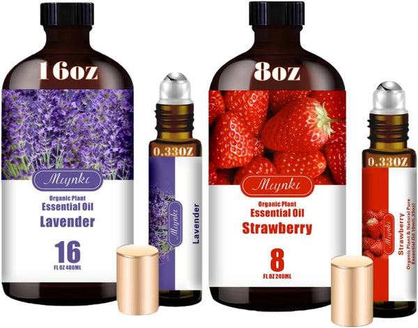 Lavender Essential Oil & Strawberry Fragrance Oil Set, 16oz & 8oz Natural