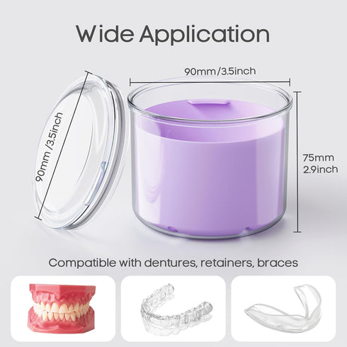 Denture Bath Cup with Brush, Container for Soaking Dentures, Retainers, Mouth Guard Storage Case, Cleaning Holder Box -