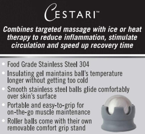 Cestari Stainless Steel Ice Hot Cold Roller for Pain Relief, Foot Massage Ball with Silicone Holder, Gray