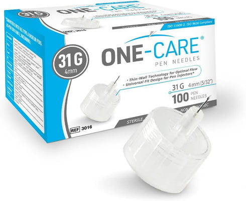 ONE-CARE Pen Tips 31G x 5/32’’ (4mm), Universal Fit, Optimal Skin-Contact for Comfort, Sterile, 100 Count