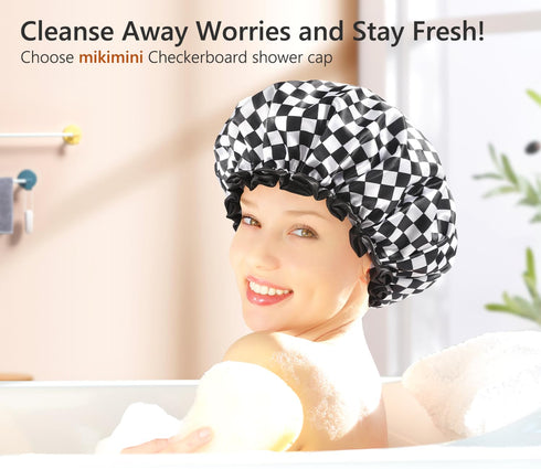 mikimini Shower Cap for Women and Girls | Elegant Chessboard Design, Double-layer Waterproof, Reusable, Medium