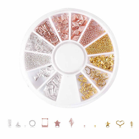 WOKOTO 8 Boxes 3D Geometry Metal Gold Nail Charms Set, Mix-Shape Nail Jewelry Decorations with 1pc Tweezers and Wax