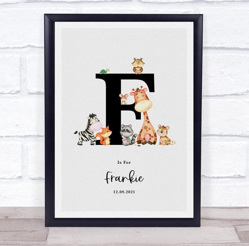 The Card Zoo New Baby Birth Details Nursery Jungle Animals Initial F Keepsake Gift Print